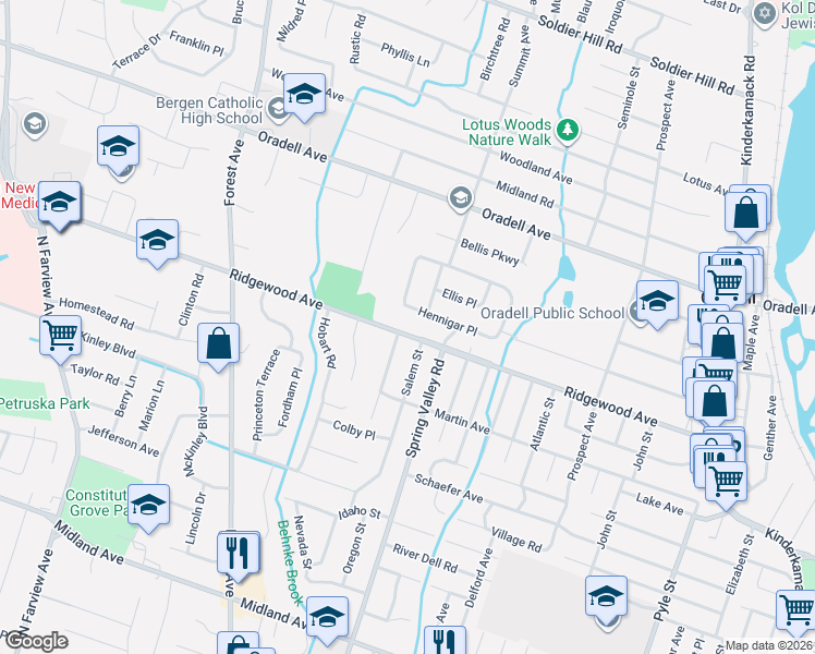 map of restaurants, bars, coffee shops, grocery stores, and more near 552 Burlington Street in Paramus