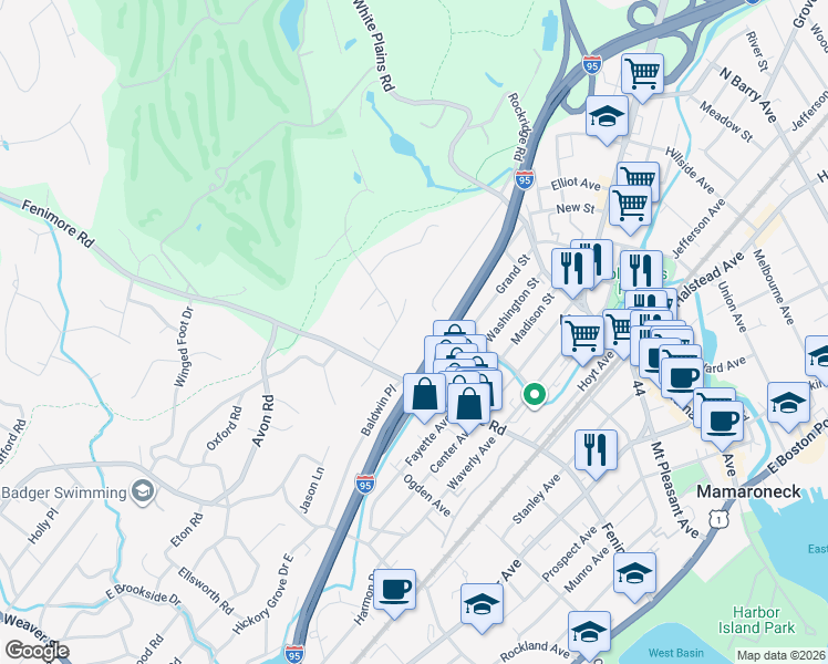 map of restaurants, bars, coffee shops, grocery stores, and more near 7 Country Road in Mamaroneck