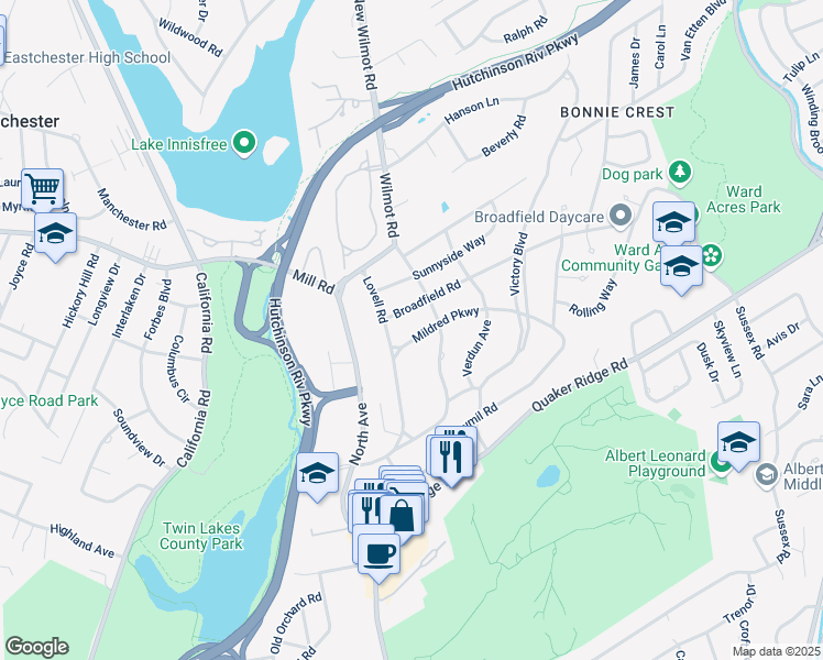 map of restaurants, bars, coffee shops, grocery stores, and more near 17 Mildred Parkway in New Rochelle