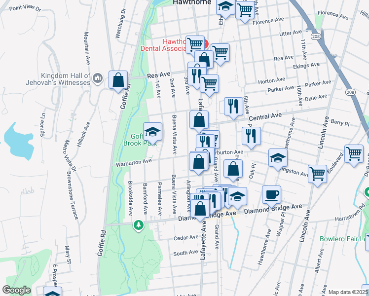 map of restaurants, bars, coffee shops, grocery stores, and more near 120 Arlington Avenue in Hawthorne