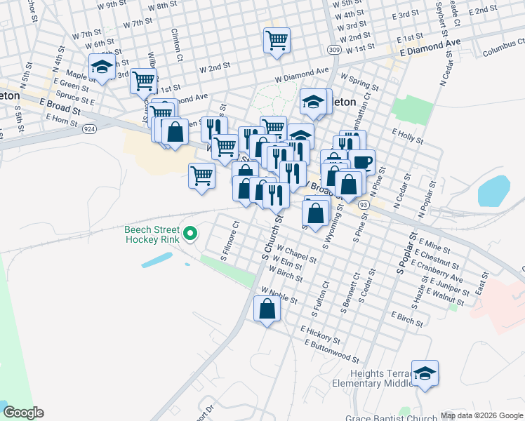 map of restaurants, bars, coffee shops, grocery stores, and more near 70 South Church Street in Hazleton
