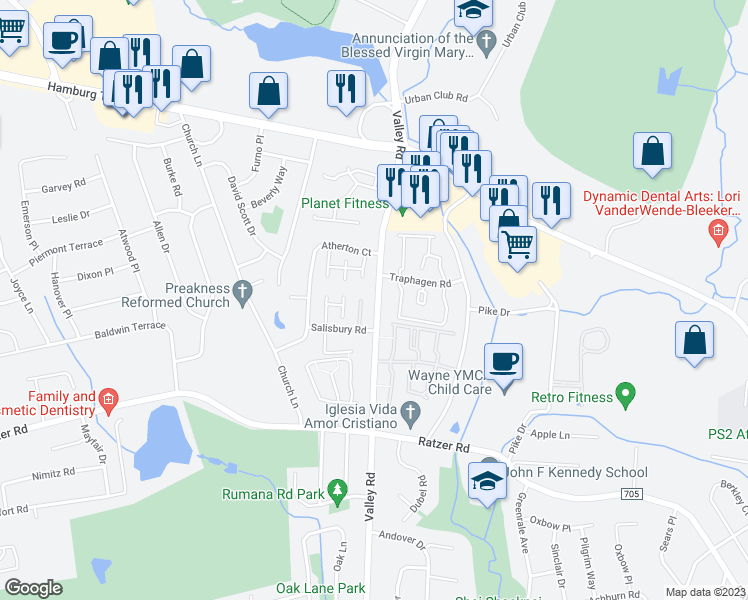 map of restaurants, bars, coffee shops, grocery stores, and more near 1243B Valley Road in Wayne