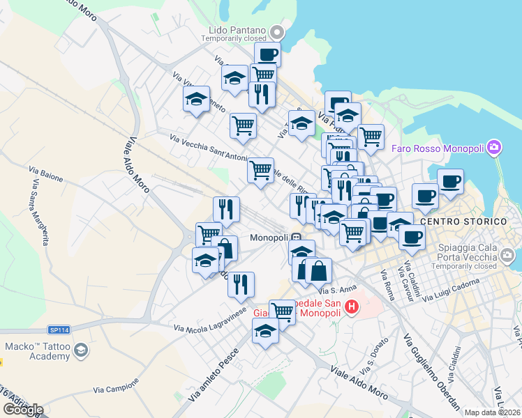 map of restaurants, bars, coffee shops, grocery stores, and more near 50 Via del Drago Canonico Giuseppe in Monopoli