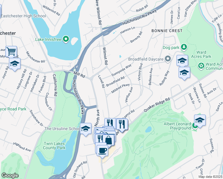 map of restaurants, bars, coffee shops, grocery stores, and more near 17 Mildred Parkway in New Rochelle