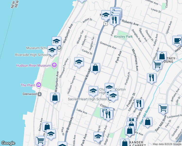 map of restaurants, bars, coffee shops, grocery stores, and more near 536 North Broadway in Yonkers
