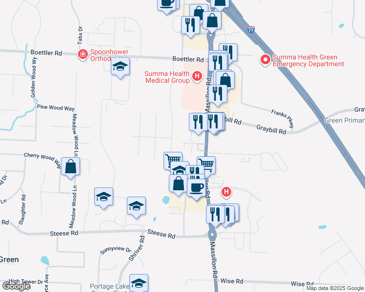 map of restaurants, bars, coffee shops, grocery stores, and more near 3984 Massillon Road in Uniontown
