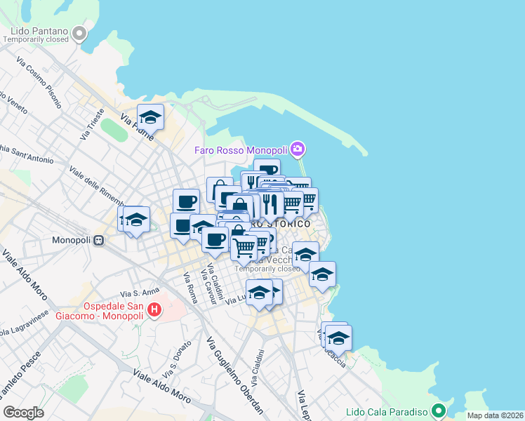 map of restaurants, bars, coffee shops, grocery stores, and more near 32 Via Amalfitana in Monopoli
