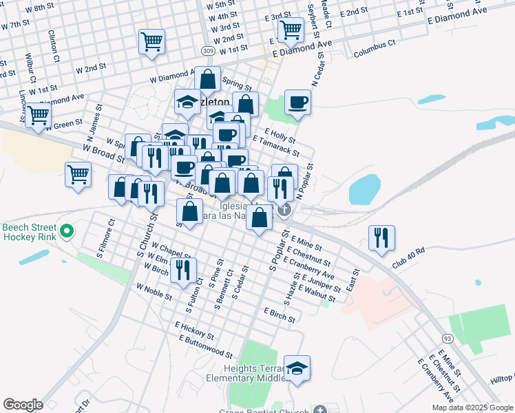 map of restaurants, bars, coffee shops, grocery stores, and more near 129 East Broad Street in Hazleton