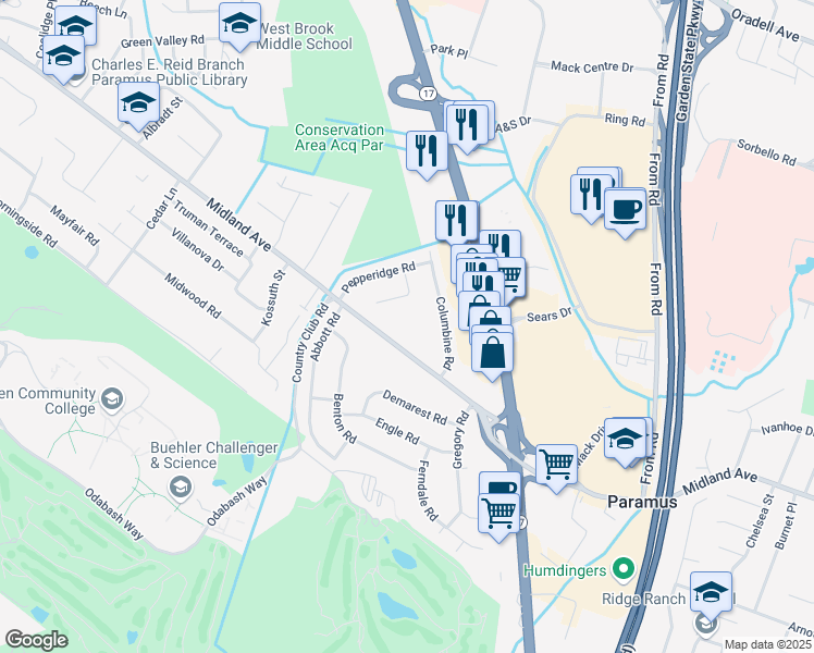 map of restaurants, bars, coffee shops, grocery stores, and more near 55 West Midland Avenue in Paramus