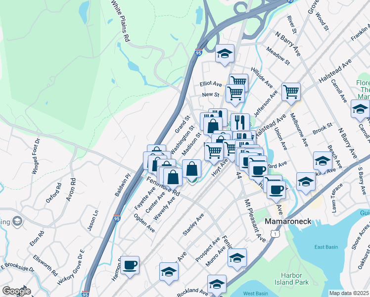 map of restaurants, bars, coffee shops, grocery stores, and more near 227 Madison Street in Mamaroneck