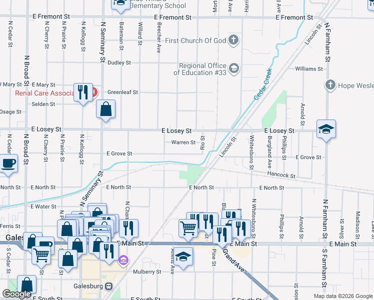 map of restaurants, bars, coffee shops, grocery stores, and more near 968 East Grove Street in Galesburg