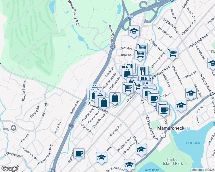 map of restaurants, bars, coffee shops, grocery stores, and more near 238 Madison Street in Mamaroneck