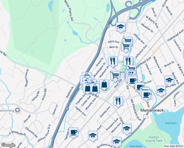 map of restaurants, bars, coffee shops, grocery stores, and more near 271 Washington Street in Mamaroneck
