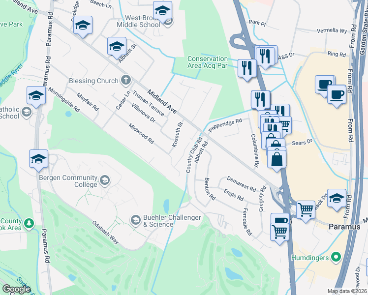 map of restaurants, bars, coffee shops, grocery stores, and more near 141 Midwood Road in Paramus