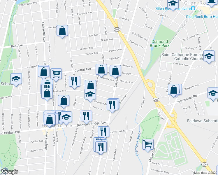 map of restaurants, bars, coffee shops, grocery stores, and more near 110 Mawhinney Avenue in Hawthorne