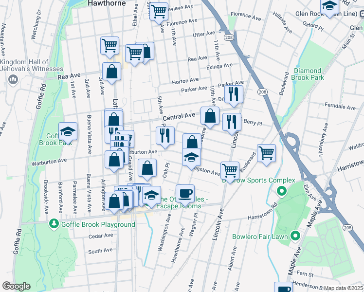 map of restaurants, bars, coffee shops, grocery stores, and more near 301 Warburton Avenue in Hawthorne