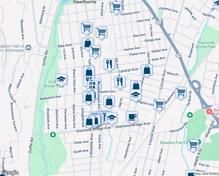 map of restaurants, bars, coffee shops, grocery stores, and more near 108 Forest Avenue in Hawthorne