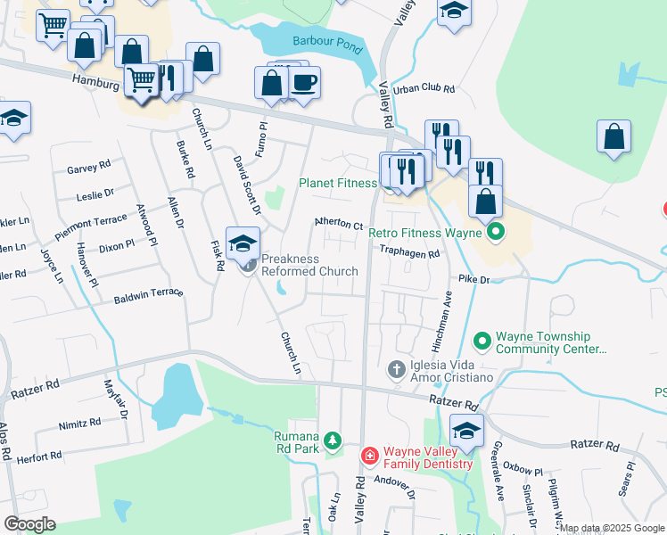 map of restaurants, bars, coffee shops, grocery stores, and more near 5 Salisbury Road in Wayne