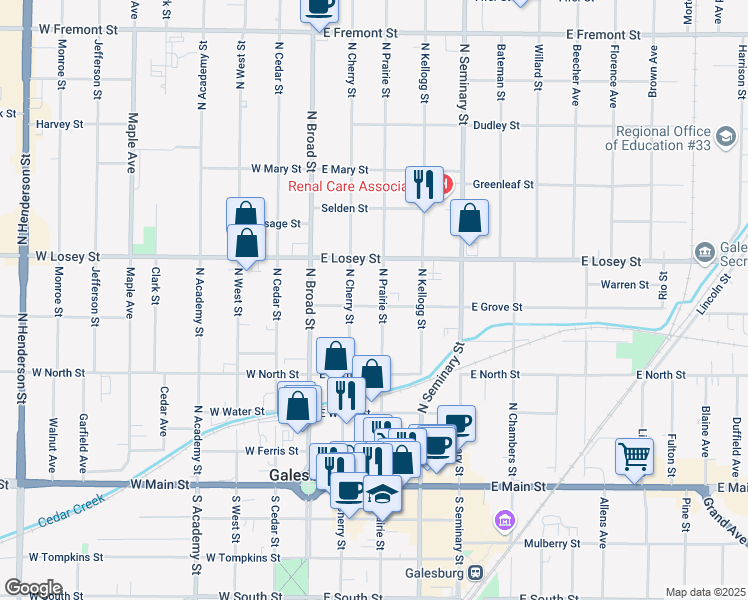 map of restaurants, bars, coffee shops, grocery stores, and more near 471 North Cherry Street in Galesburg