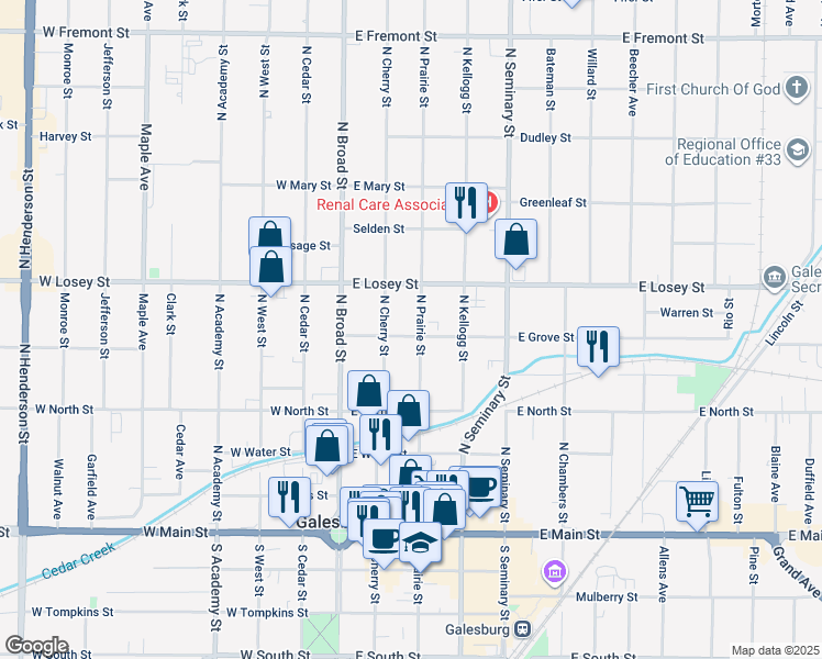 map of restaurants, bars, coffee shops, grocery stores, and more near 471 North Cherry Street in Galesburg