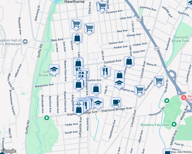 map of restaurants, bars, coffee shops, grocery stores, and more near 108 Forest Avenue in Hawthorne
