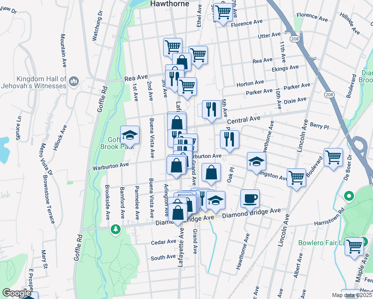 map of restaurants, bars, coffee shops, grocery stores, and more near 445 Lafayette Avenue in Hawthorne