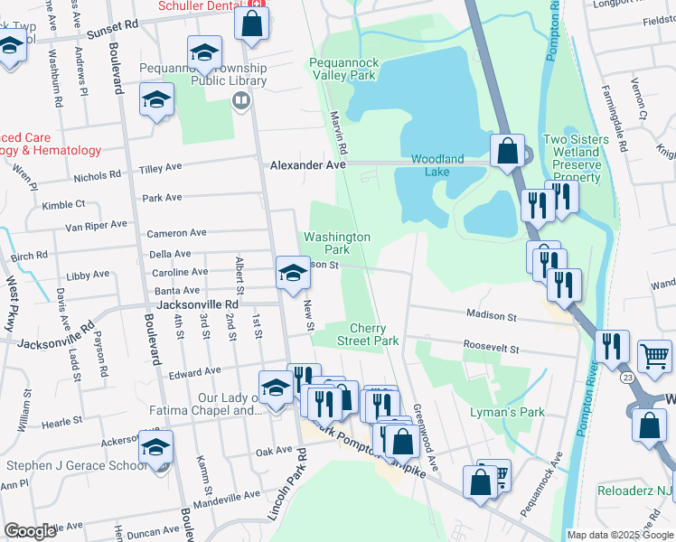 map of restaurants, bars, coffee shops, grocery stores, and more near 26 Jefferson Street in Pequannock Township