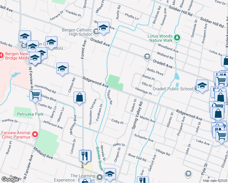 map of restaurants, bars, coffee shops, grocery stores, and more near 544 Hobart Road in Paramus