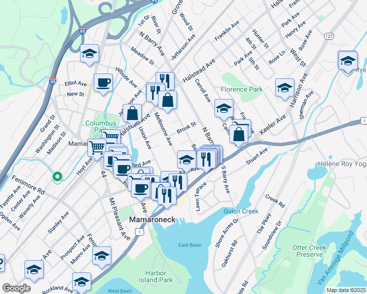 map of restaurants, bars, coffee shops, grocery stores, and more near 517 Walnut Street in Mamaroneck