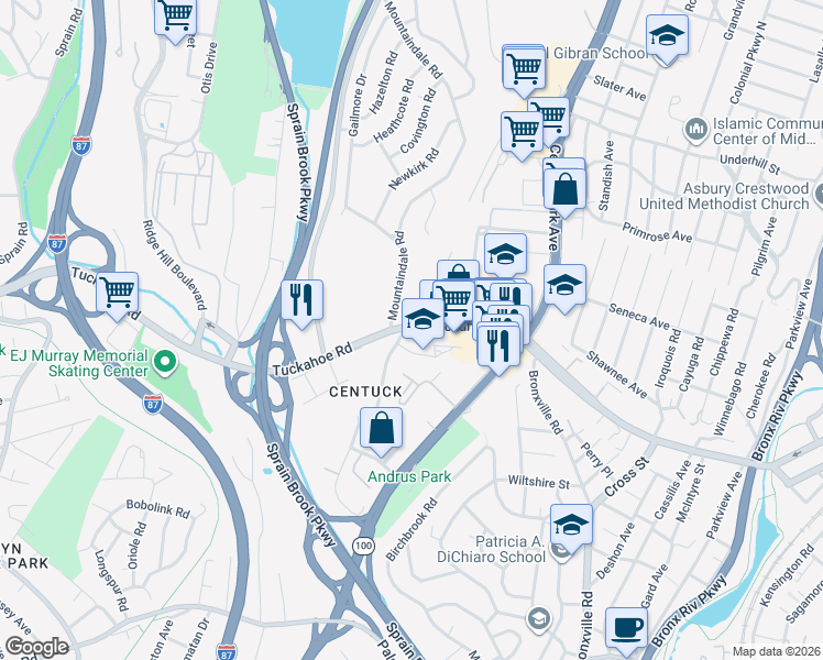 map of restaurants, bars, coffee shops, grocery stores, and more near 50 Wainwright Avenue in Yonkers