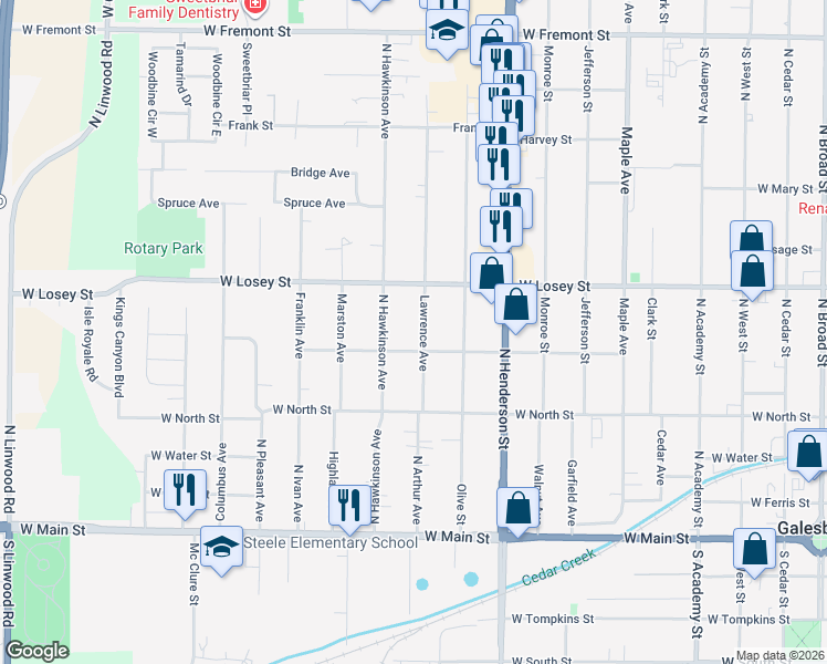 map of restaurants, bars, coffee shops, grocery stores, and more near 1001-1099 W Grove St in Galesburg