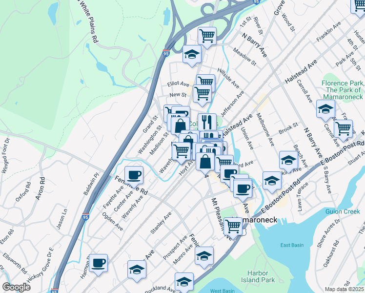 map of restaurants, bars, coffee shops, grocery stores, and more near 118 Waverly Avenue in Mamaroneck