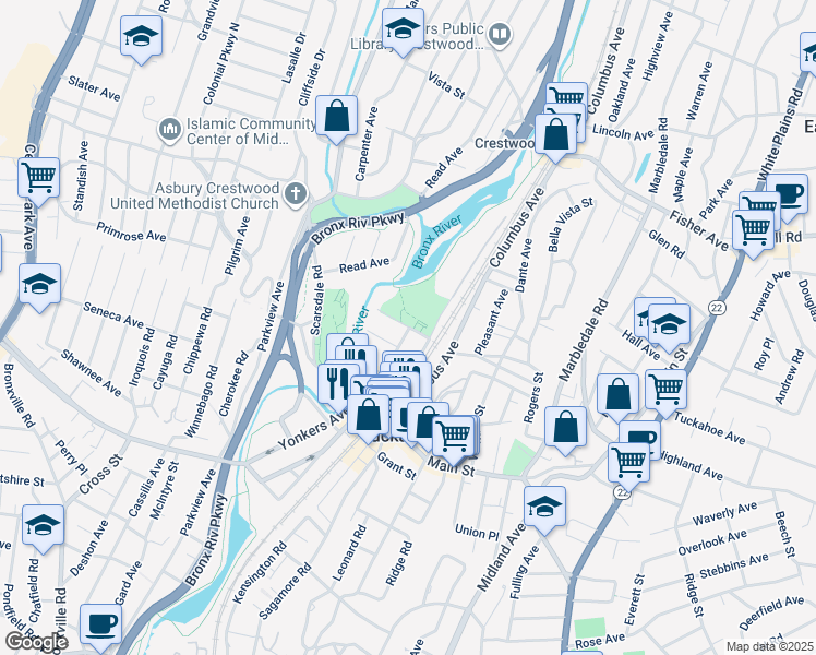 map of restaurants, bars, coffee shops, grocery stores, and more near 35 Bronx Street in Tuckahoe