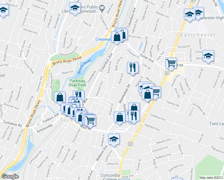 map of restaurants, bars, coffee shops, grocery stores, and more near 56 Chestnut St in Tuckahoe