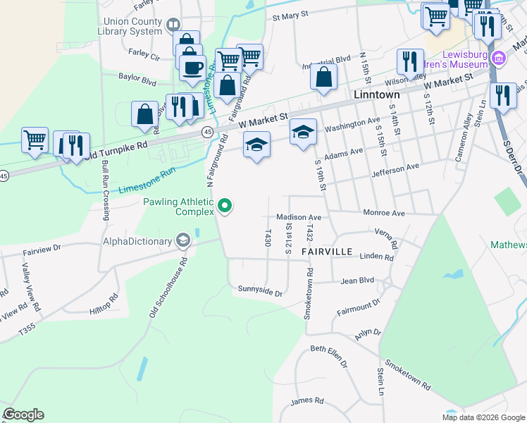 map of restaurants, bars, coffee shops, grocery stores, and more near 407 S 22nd St in Lewisburg