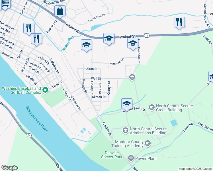 map of restaurants, bars, coffee shops, grocery stores, and more near 717 Orange Street in Danville
