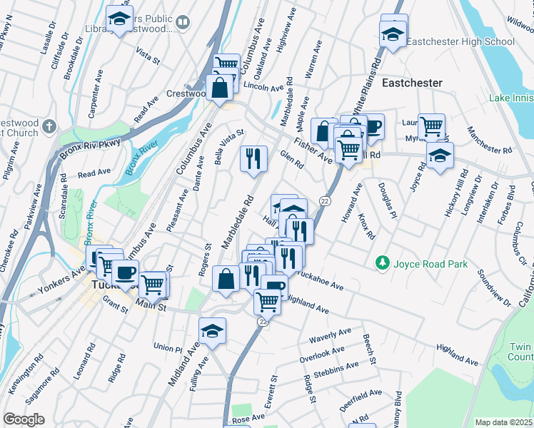 map of restaurants, bars, coffee shops, grocery stores, and more near 32 Hall Avenue in Eastchester