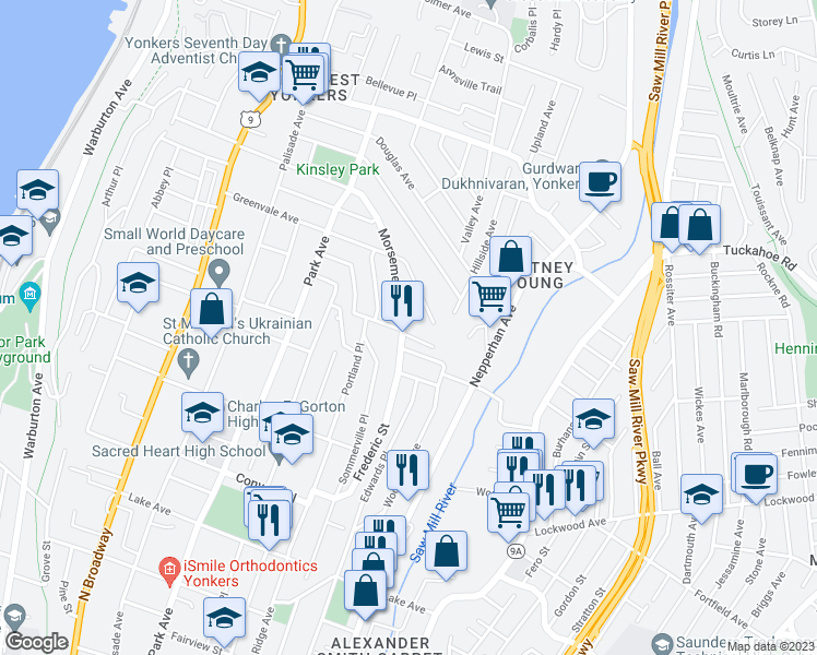 map of restaurants, bars, coffee shops, grocery stores, and more near 51 Montague Street in Yonkers