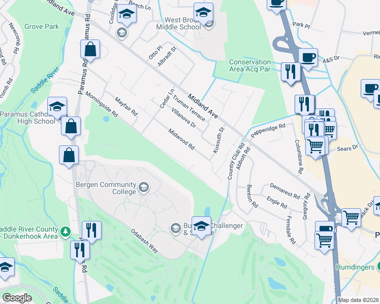 map of restaurants, bars, coffee shops, grocery stores, and more near 129 Morningside Road in Paramus