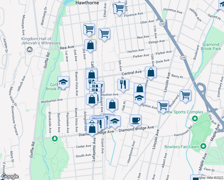 map of restaurants, bars, coffee shops, grocery stores, and more near 108 Forest Avenue in Hawthorne