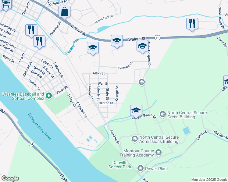 map of restaurants, bars, coffee shops, grocery stores, and more near 717 Orange Street in Danville