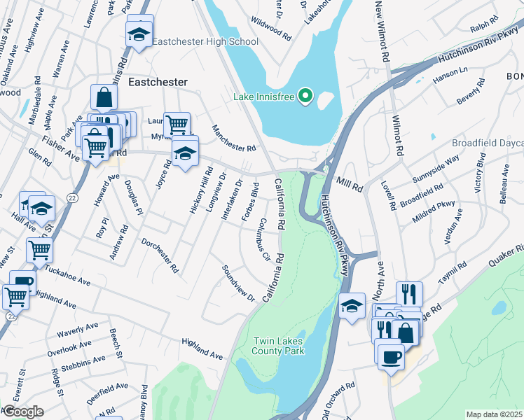 map of restaurants, bars, coffee shops, grocery stores, and more near 4 Columbus Circle in Eastchester