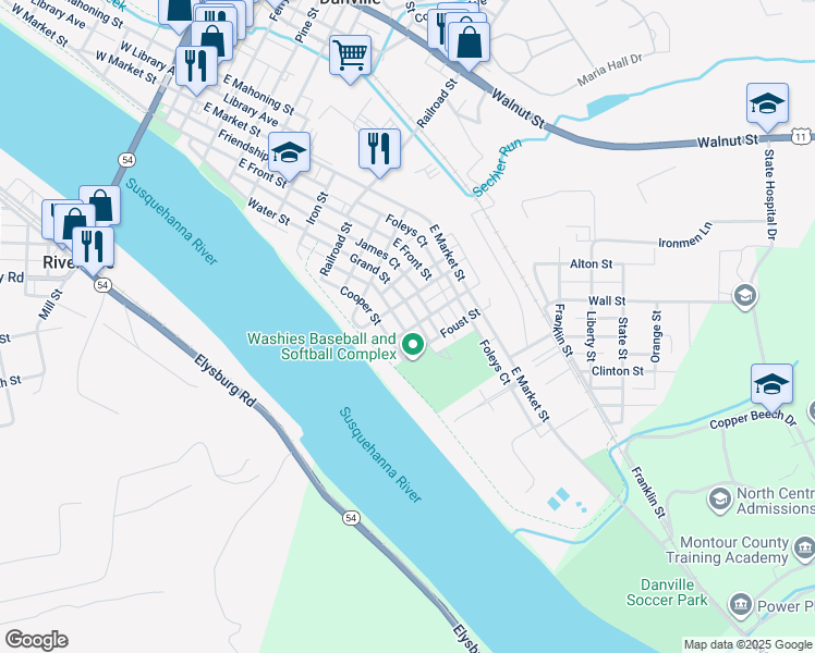 map of restaurants, bars, coffee shops, grocery stores, and more near 37 Mowry Street in Danville