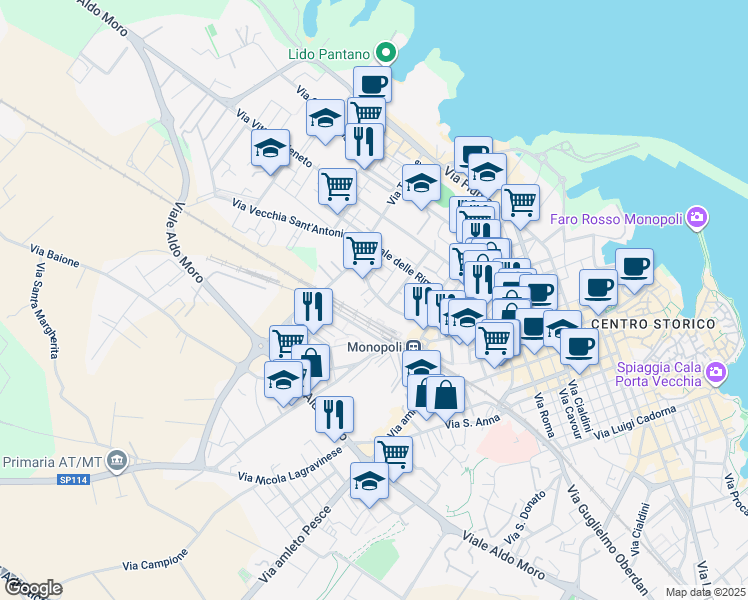 map of restaurants, bars, coffee shops, grocery stores, and more near 50 Via del Drago Canonico Giuseppe in Monopoli