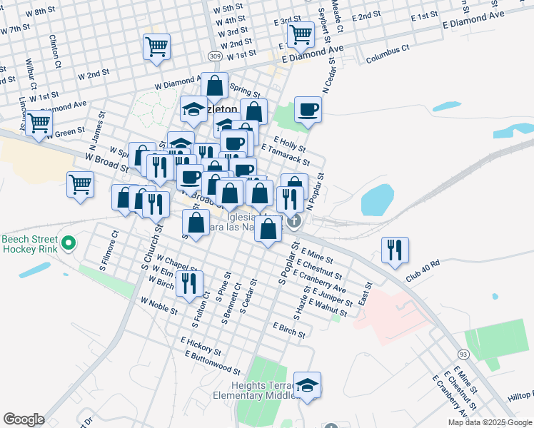 map of restaurants, bars, coffee shops, grocery stores, and more near 129 East Broad Street in Hazleton