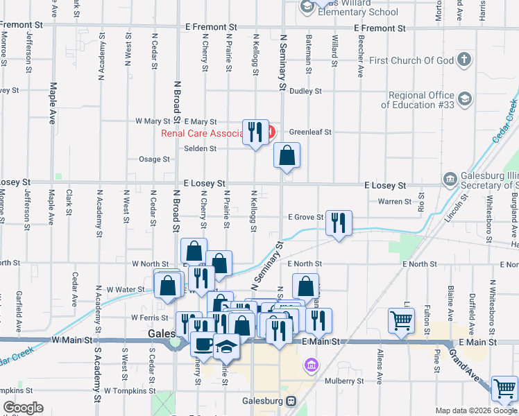 map of restaurants, bars, coffee shops, grocery stores, and more near 301-499 N Kellogg St in Galesburg