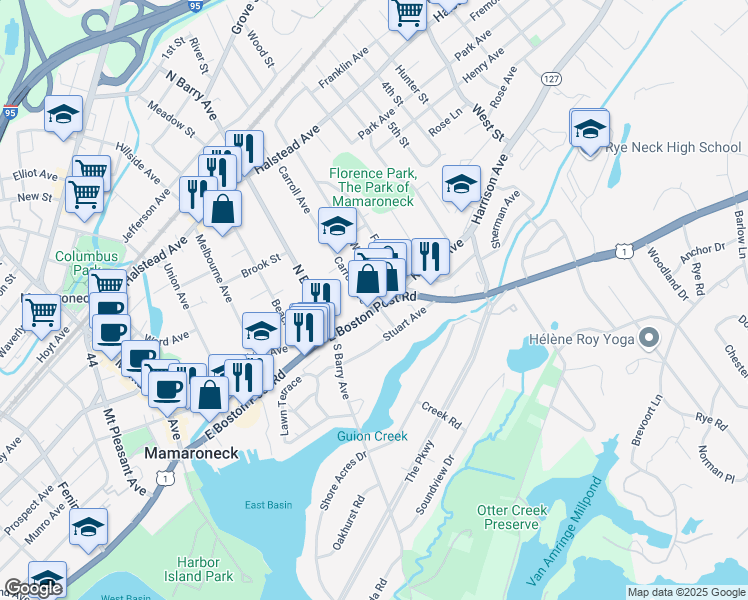 map of restaurants, bars, coffee shops, grocery stores, and more near 767 East Boston Post Road in Mamaroneck