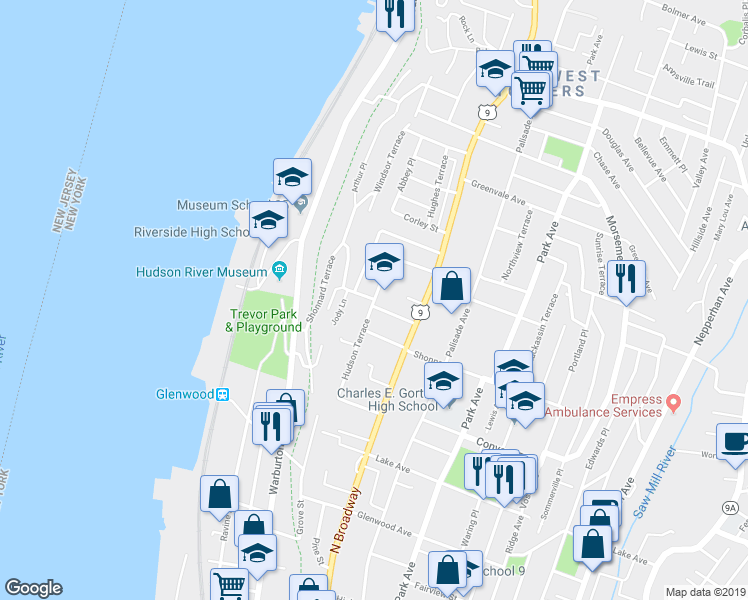 map of restaurants, bars, coffee shops, grocery stores, and more near Shonnard Terrace in Yonkers