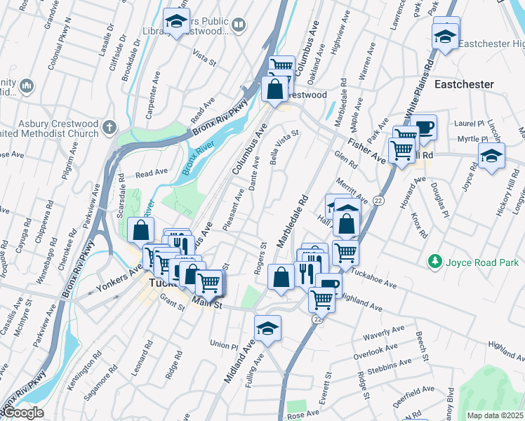 map of restaurants, bars, coffee shops, grocery stores, and more near 8 Circle Road in Tuckahoe