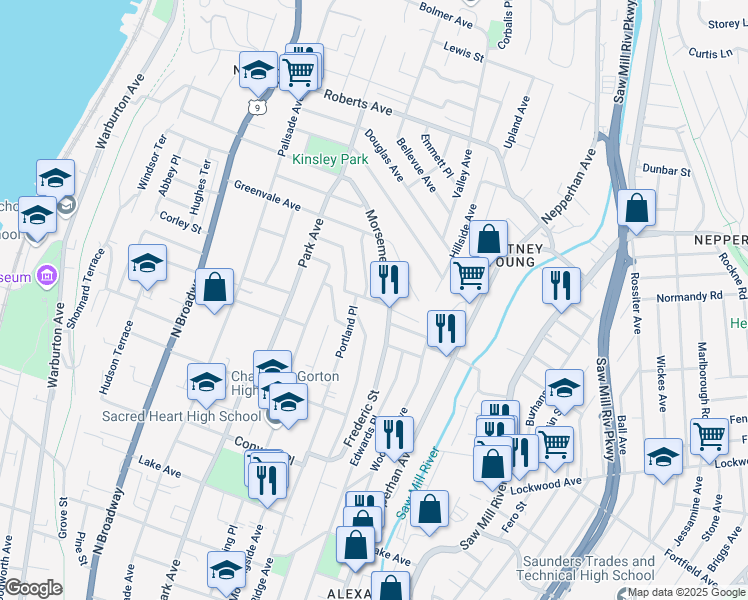 map of restaurants, bars, coffee shops, grocery stores, and more near 402 Sommerville Place in Yonkers